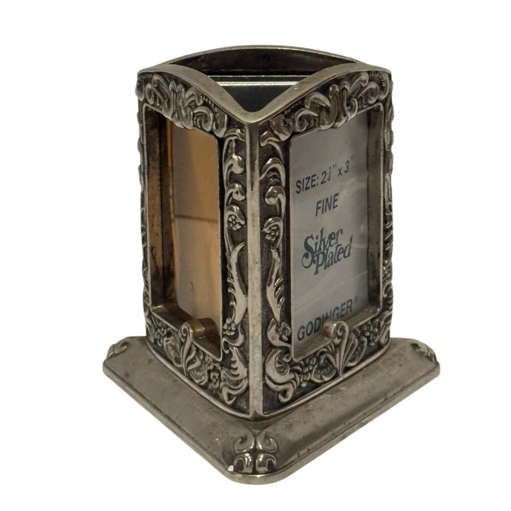 Vintage Godinger 1991 Silver Plated Triangular 3 Photo Frame Pen Flower Holder